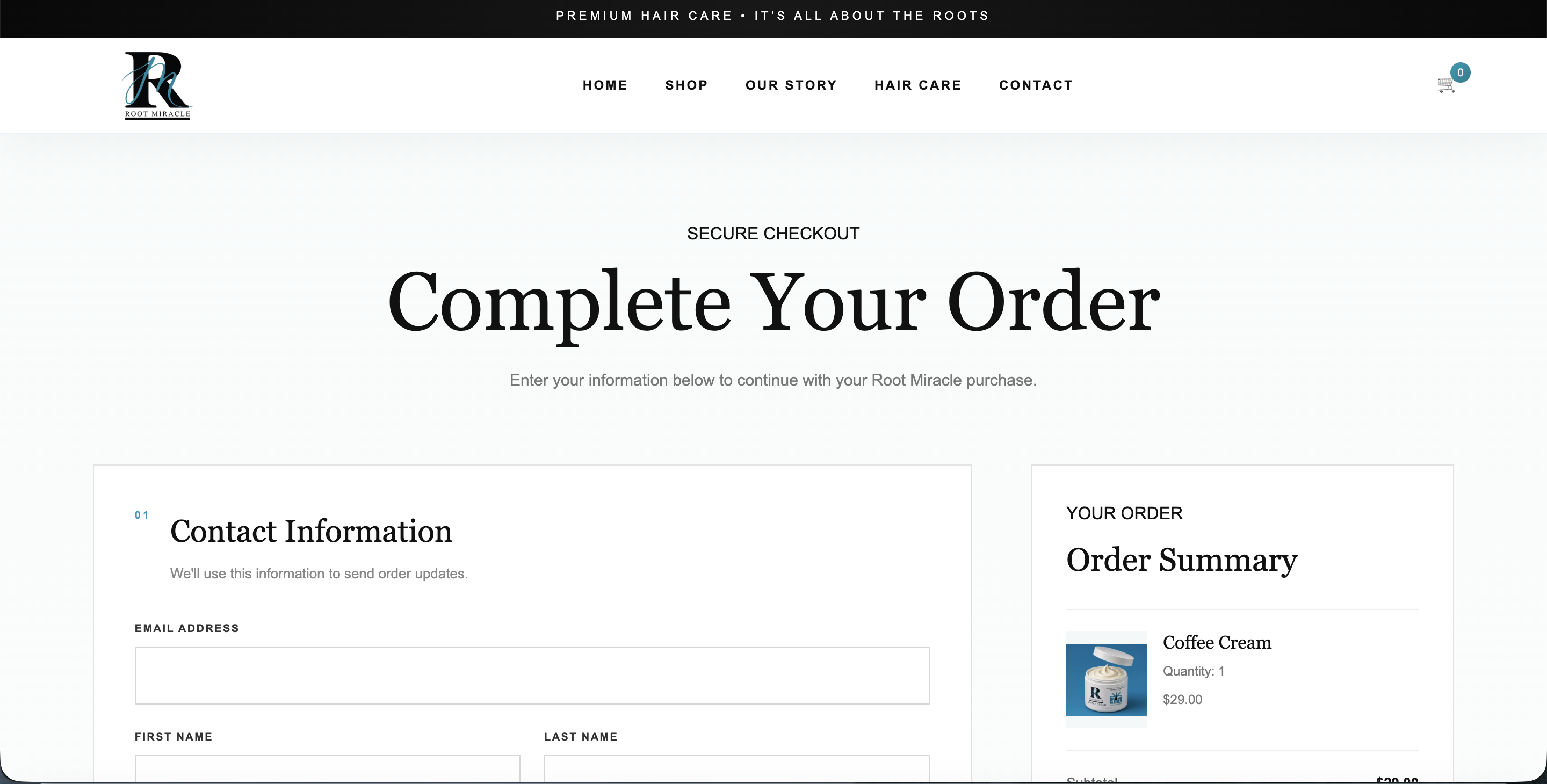 Root Miracle e-commerce website interface